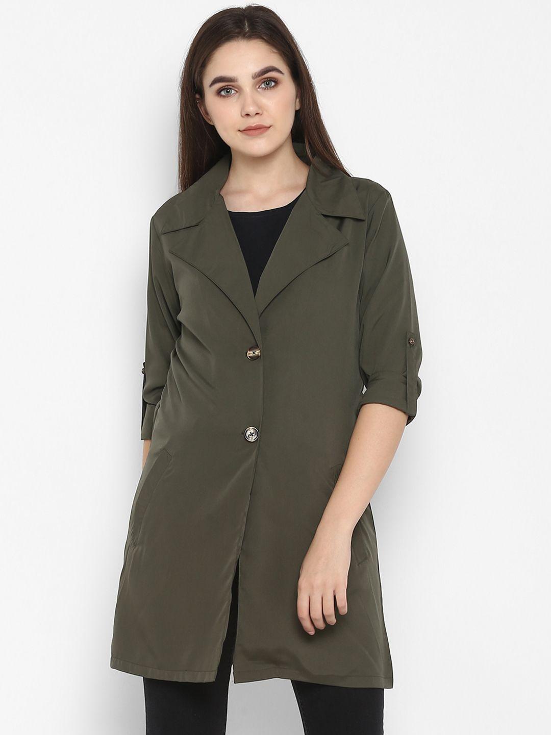 color cocktail women olive-green solid trench coat