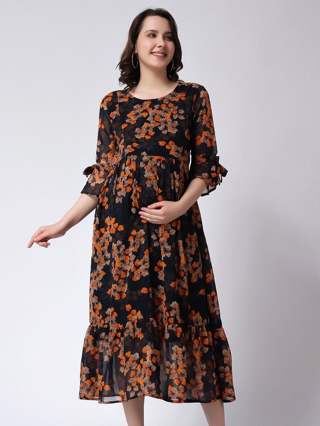 color studio navy blue & red floral print flared sleeve fit & flare maxi dress