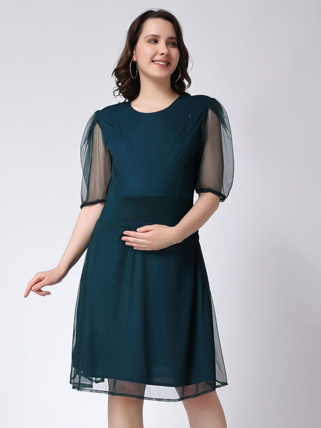 color studio puff sleeve net maternity a-line dress