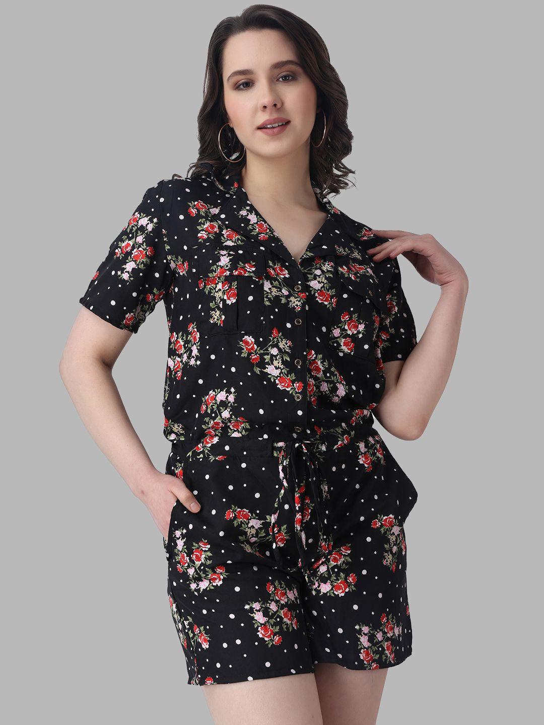 color studio shirt collar printed waist tie-ups playsuit