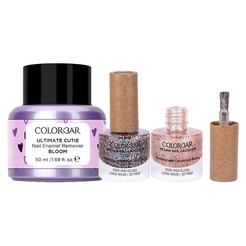 colorbar vegan nail lacquer - frill + confetti + nail enamel remover - purple combo