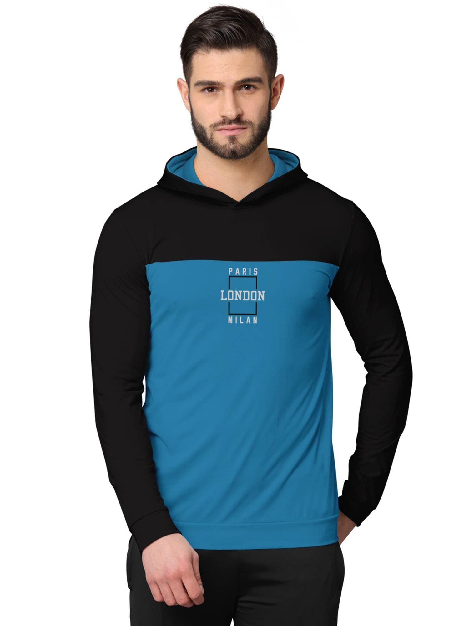 colorblock full sleeve hooded sweatshirts for men black and blue