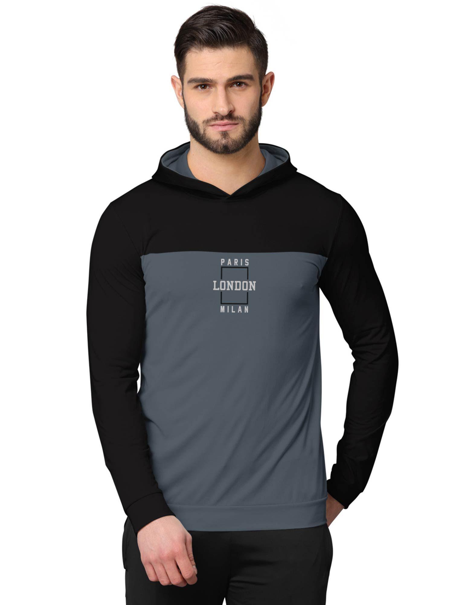 colorblock full sleeve hooded sweatshirts for men black and grey