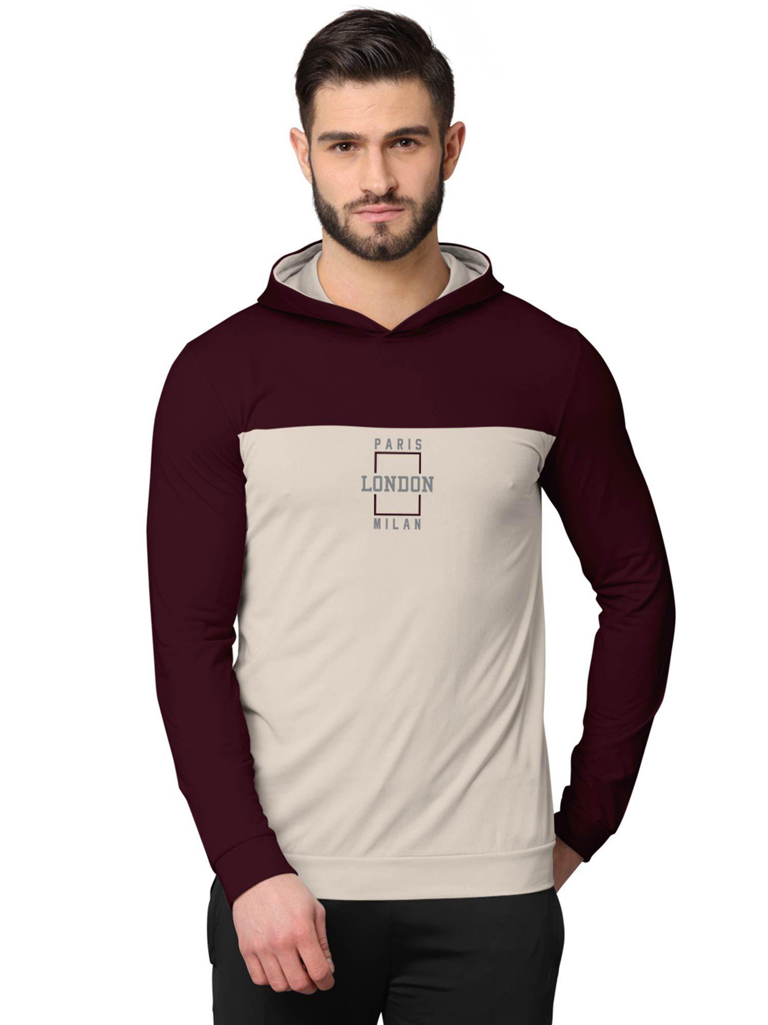 colorblock full sleeve hooded sweatshirts for men burgundy and beige