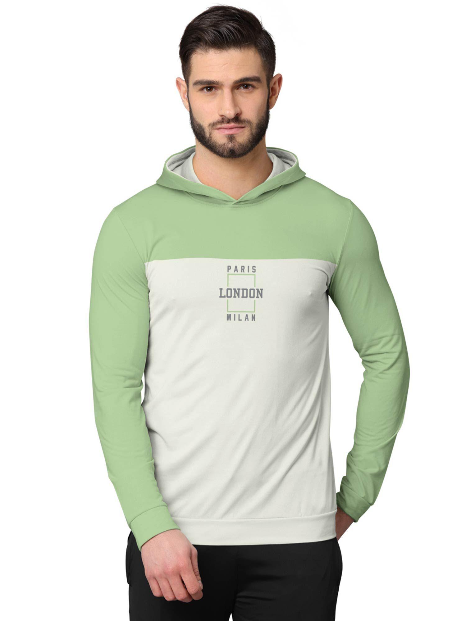 colorblock full sleeve hooded sweatshirts for men green and white