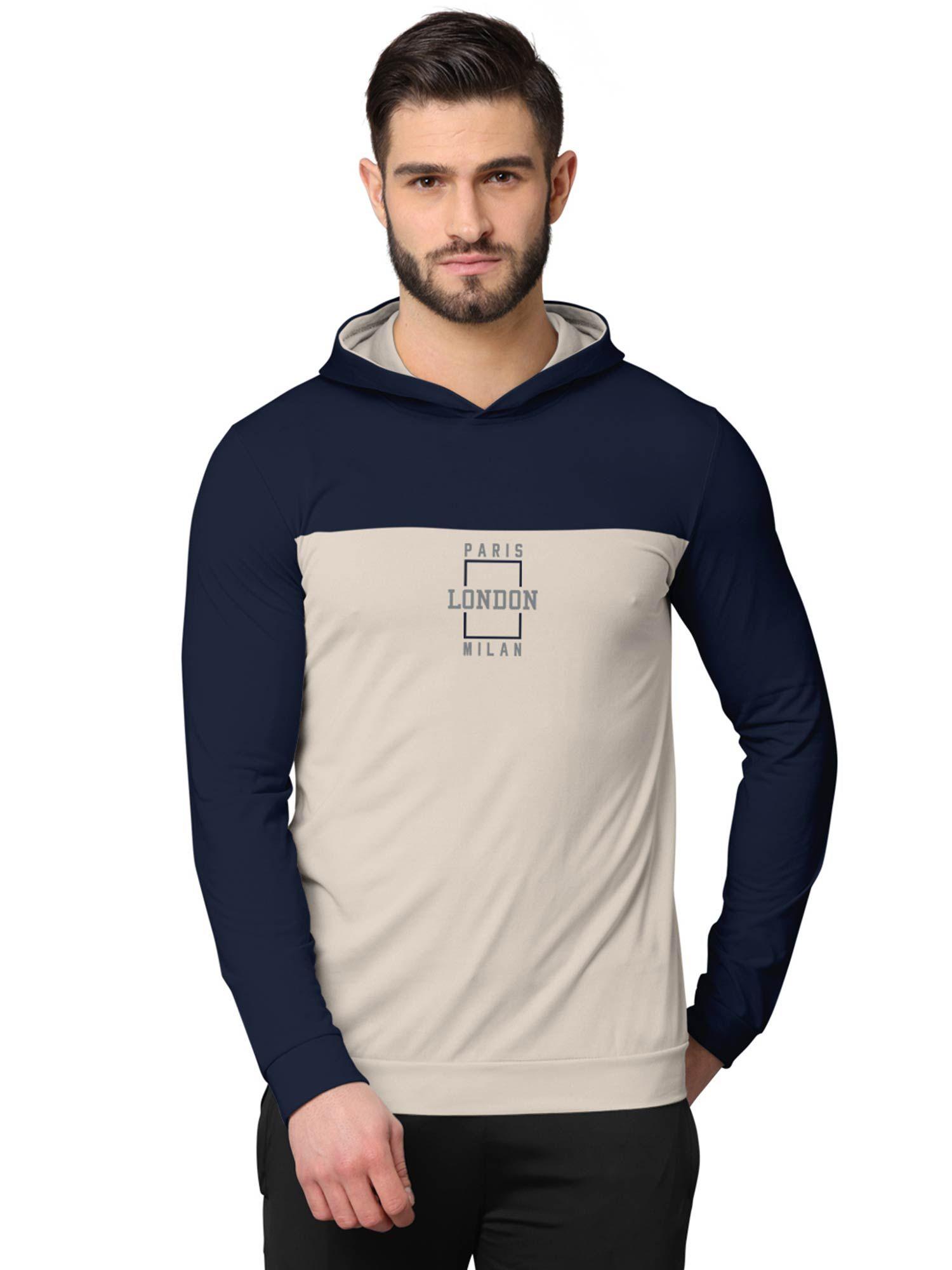 colorblock full sleeve hooded sweatshirts for men navy blue and beige