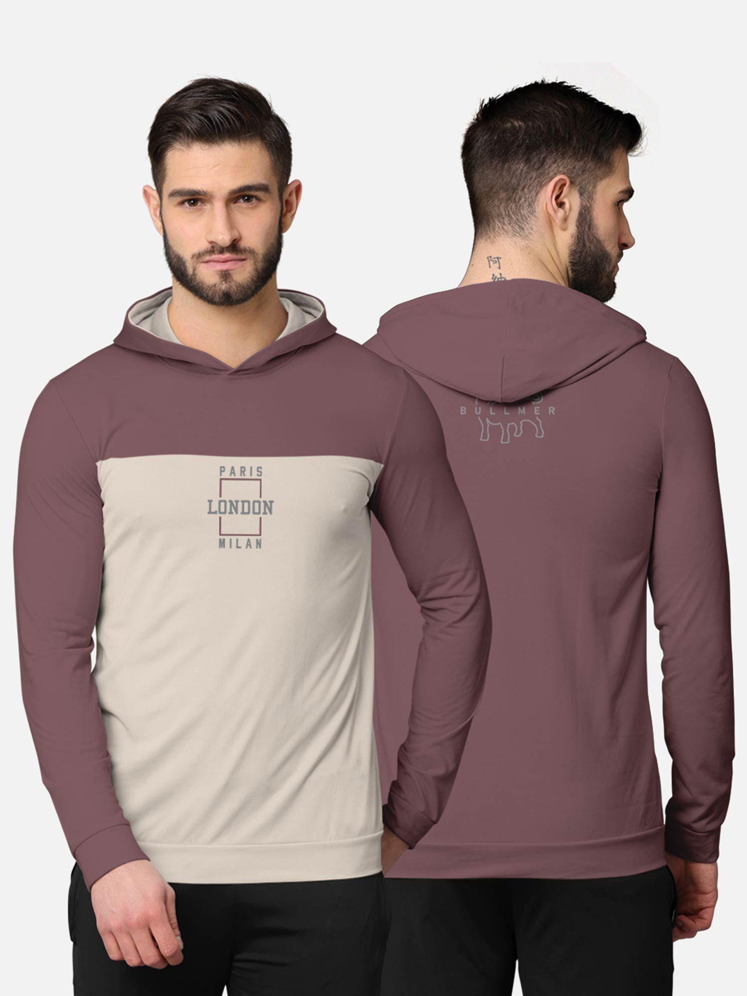 colorblock full sleeve hooded t-shirt for men purple and beige