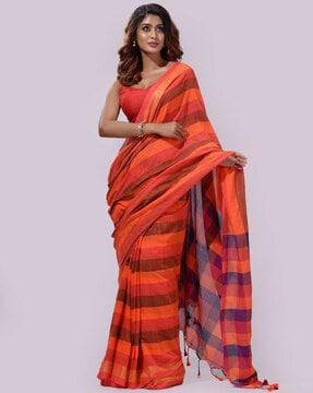 colorblock handwoven saree with tassels