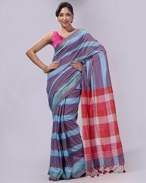 colorblock handwoven saree with tassels