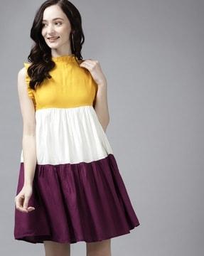 colorblock high-neck tiered dress