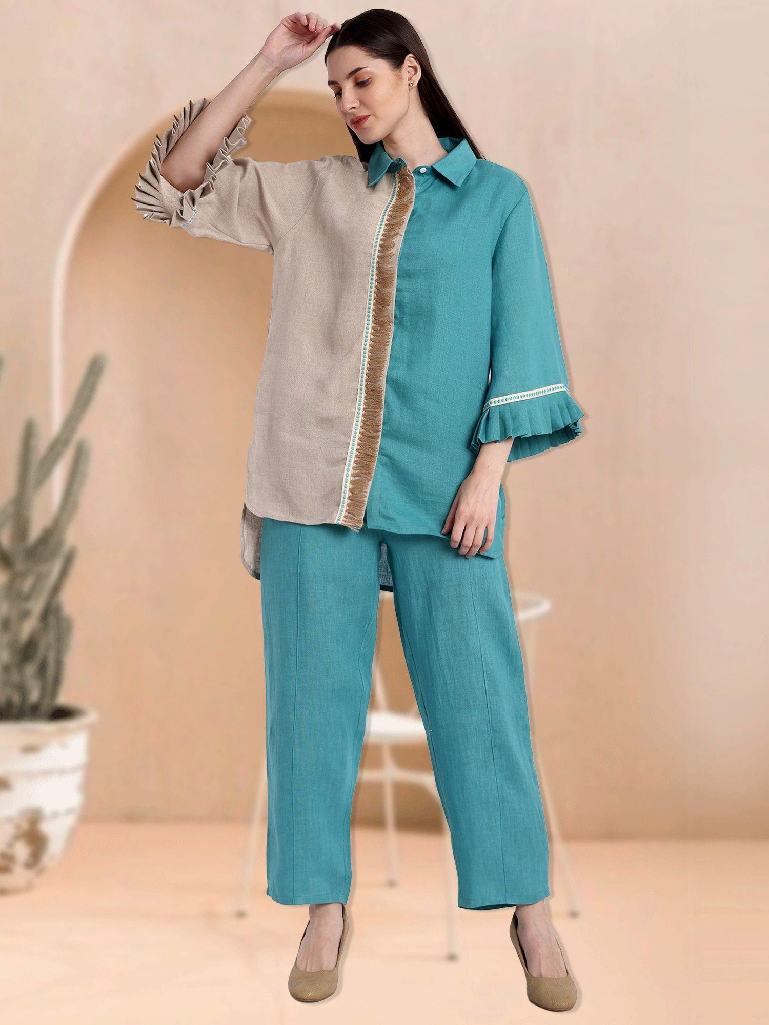 colorblock linen high-low shirt with straight pants set (set of 2)