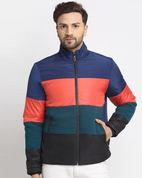 colorblock puffer jacket with zipper pockets