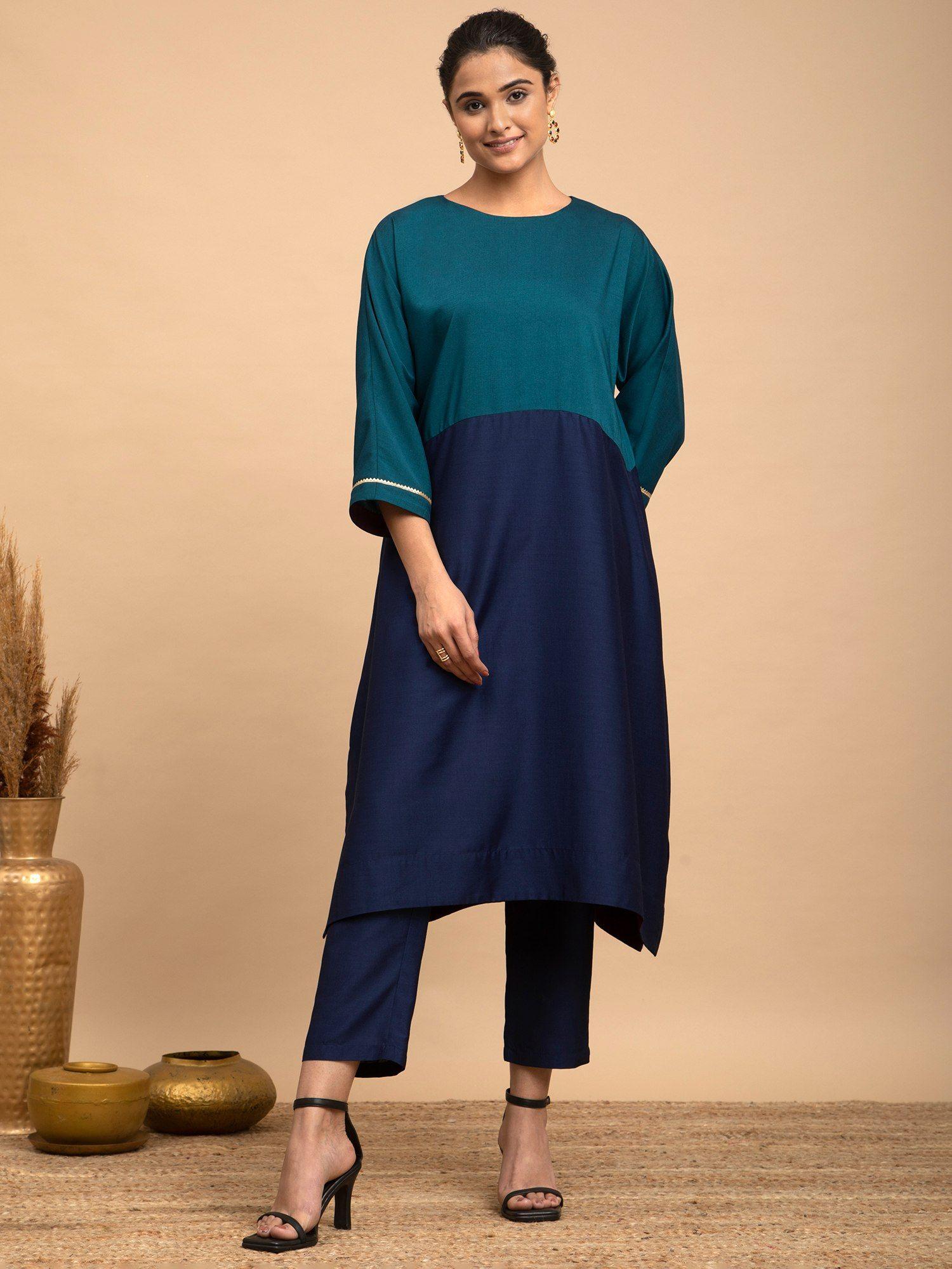 colorblock silk kurta-teal and navy blue (set of 2)