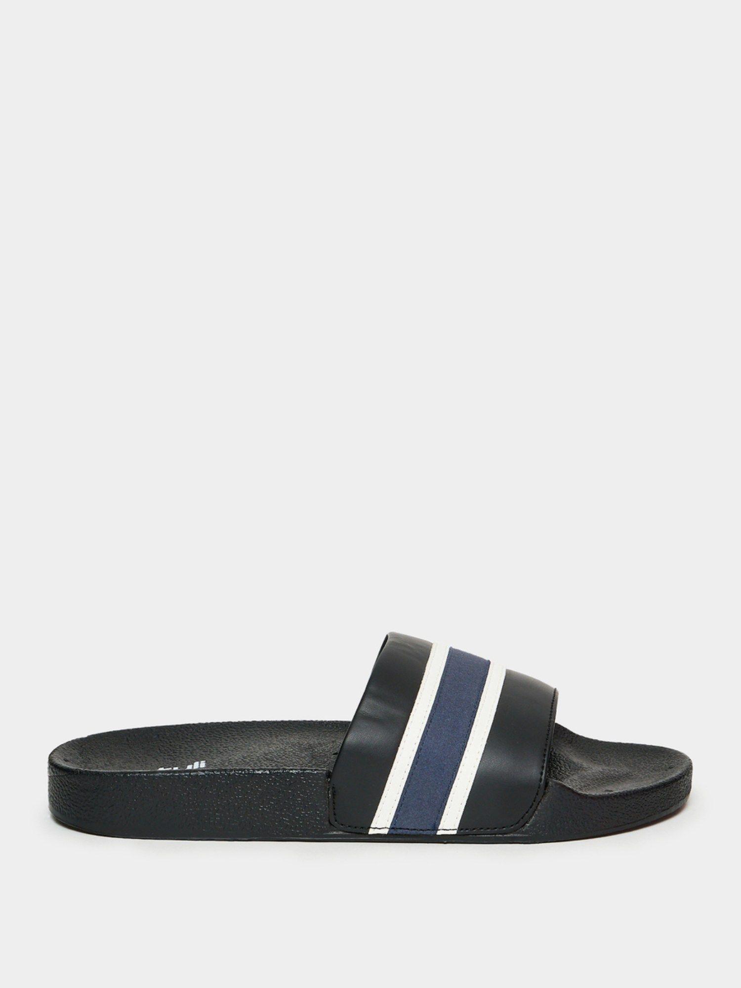 colorblock striped open toe slides navy blue