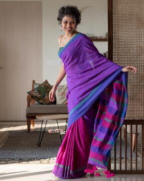 colorblocked cotton saree with tassels saree