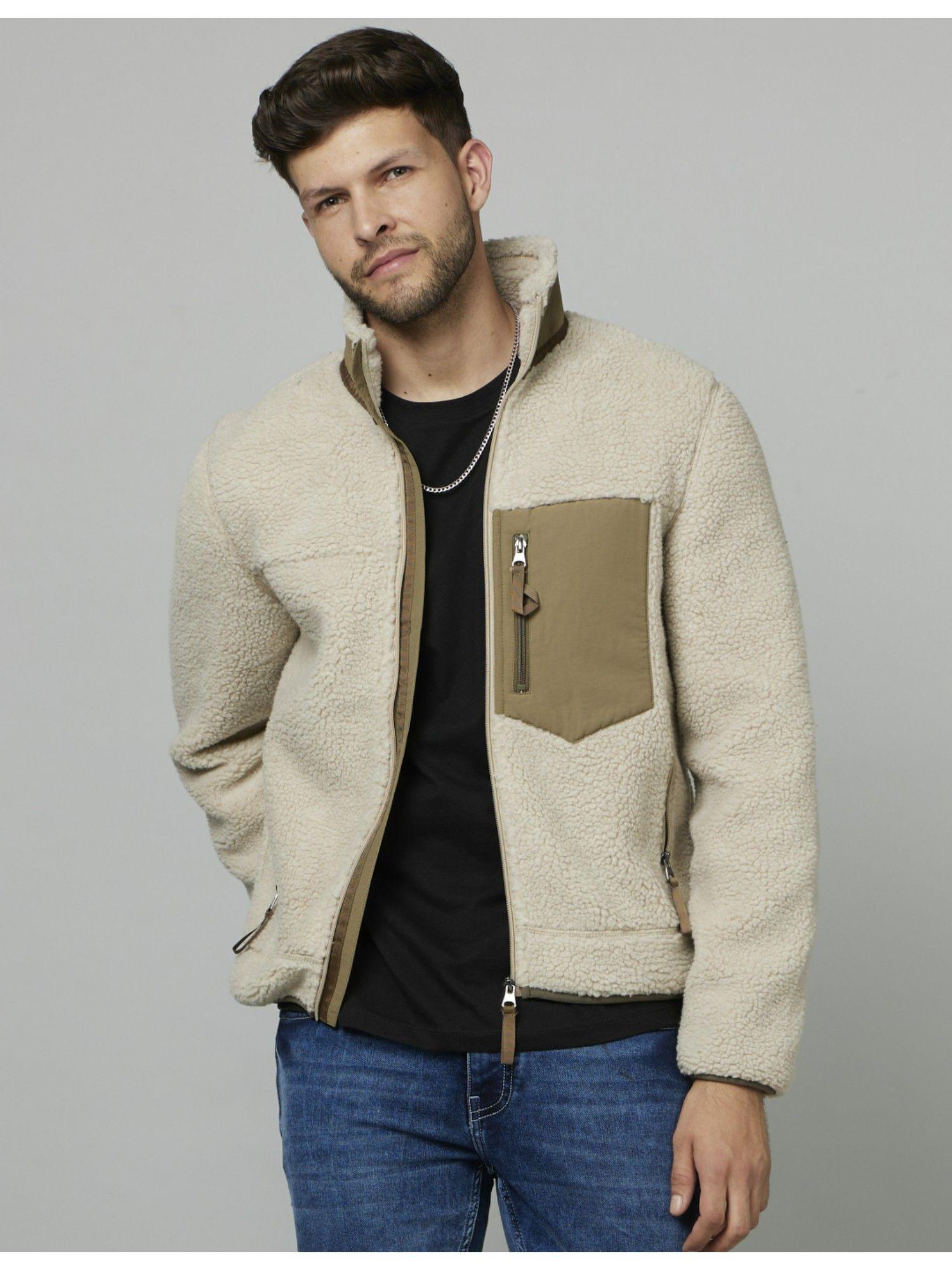 colorblocked cream long sleeves sherpa jacket