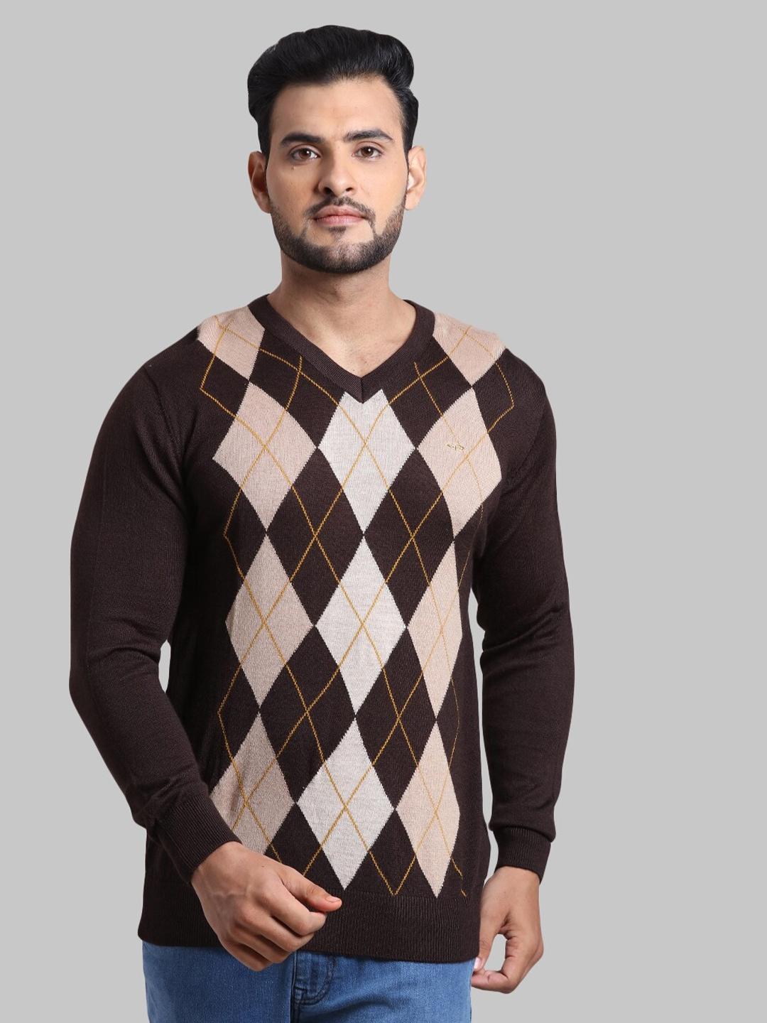 colorplus men brown & cream-coloured printed pullover
