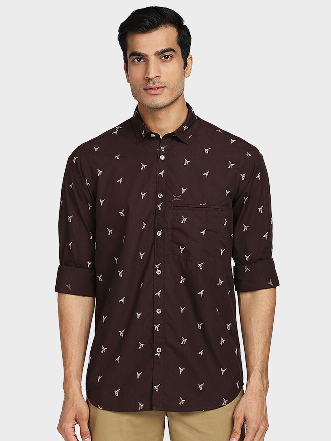 colorplus men brown printed tailored fit cotton casual shirt