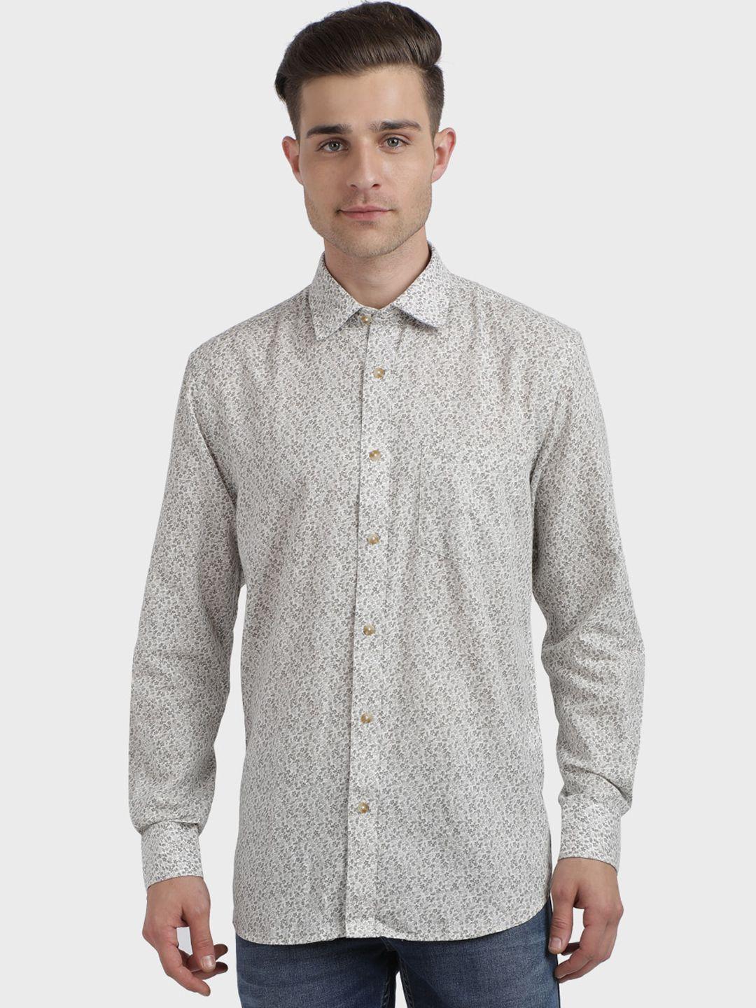 colorplus men cream-coloured regular fit printed casual shirt