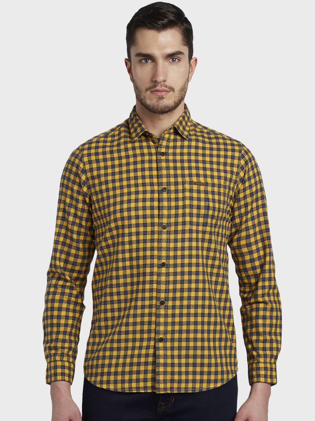 colorplus men yellow & blue regular fit checked casual shirt