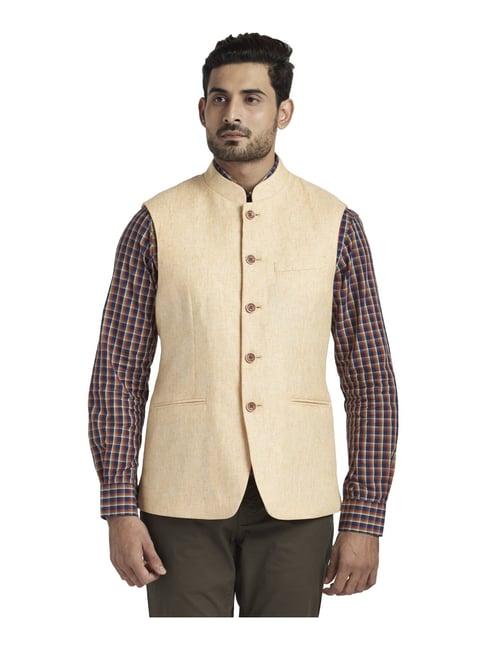 colorplus beige tailored fit self pattern nehru jacket