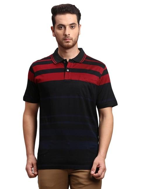 colorplus black & red cotton classic fit striped polo t-shirt