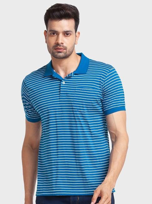 colorplus blue cotton regular fit striped polo t-shirt