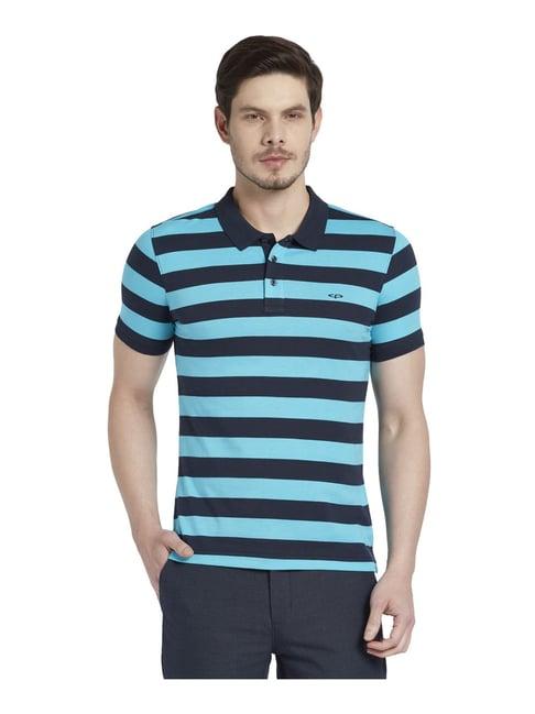 colorplus blue cotton slim fit striped polo t-shirt