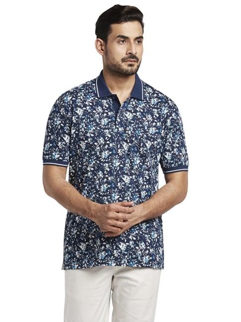 colorplus blue cotton tailored fit floral print polo t-shirt