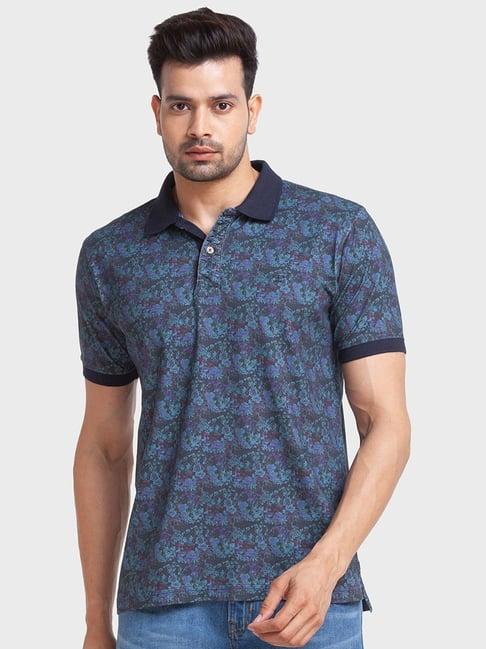 colorplus blue cotton tailored fit printed polo t-shirt