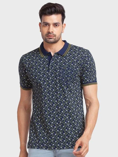 colorplus blue cotton tailored fit printed polo t-shirt