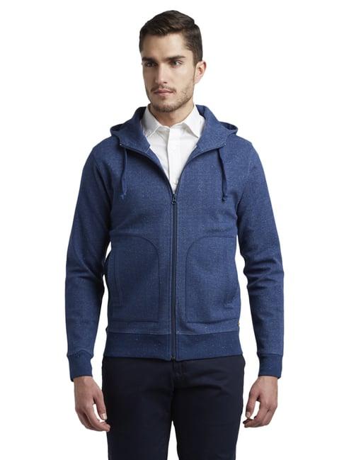 colorplus blue cotton tailored fit self pattern hooded sweatshirts