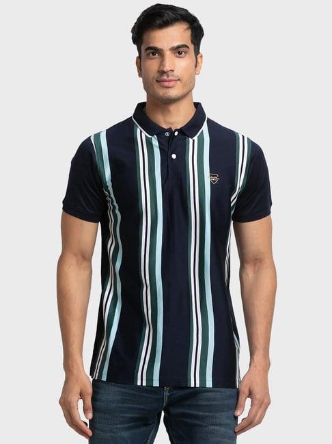 colorplus blue cotton tailored fit striped polo t-shirt