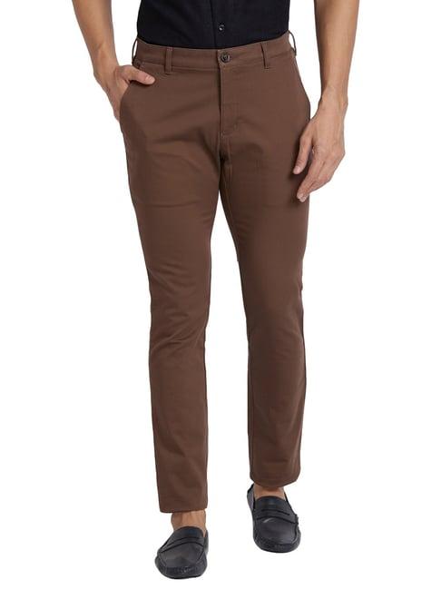 colorplus brown cotton super slim fit printed trousers