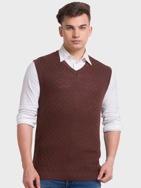 colorplus brown regular fit self pattern sweaters