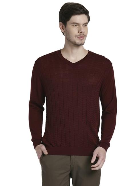 colorplus maroon  regular fit texture sweaters
