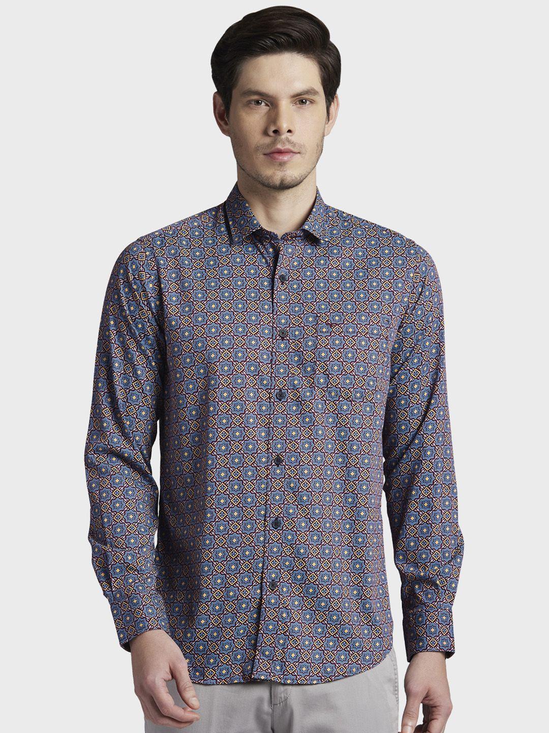 colorplus men blue & brown regular fit printed casual shirt
