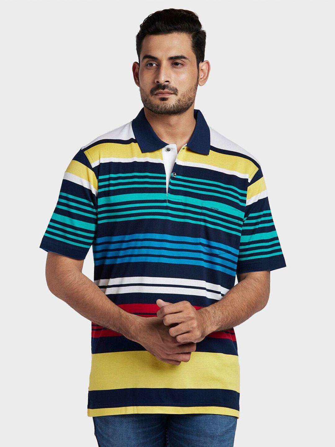 colorplus men blue & yellow striped polo collar t-shirt