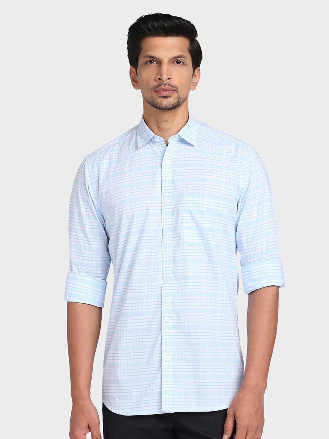 colorplus men blue checked tailored fit cotton casual shirt