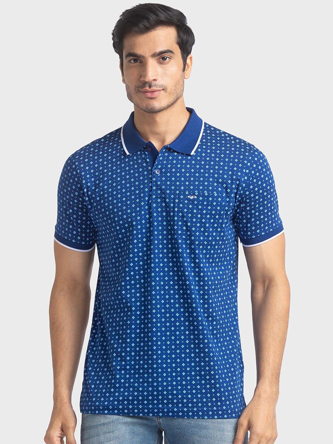 colorplus men blue printed polo collar cotton t-shirt
