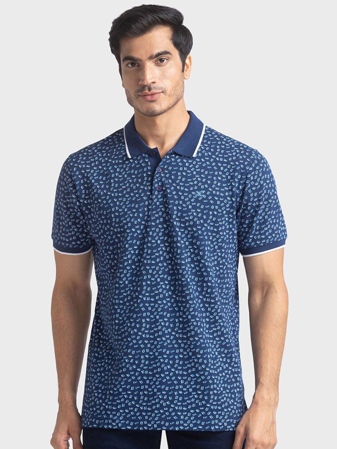 colorplus men blue printed polo collar tropical t-shirt