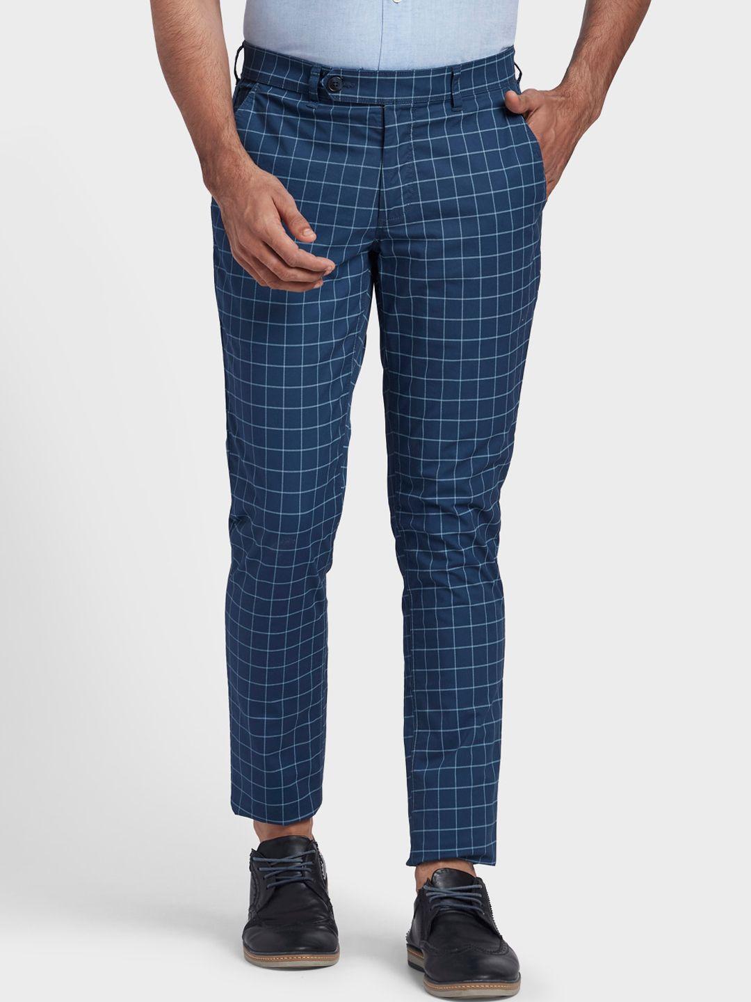 colorplus men blue regular fit checked trousers
