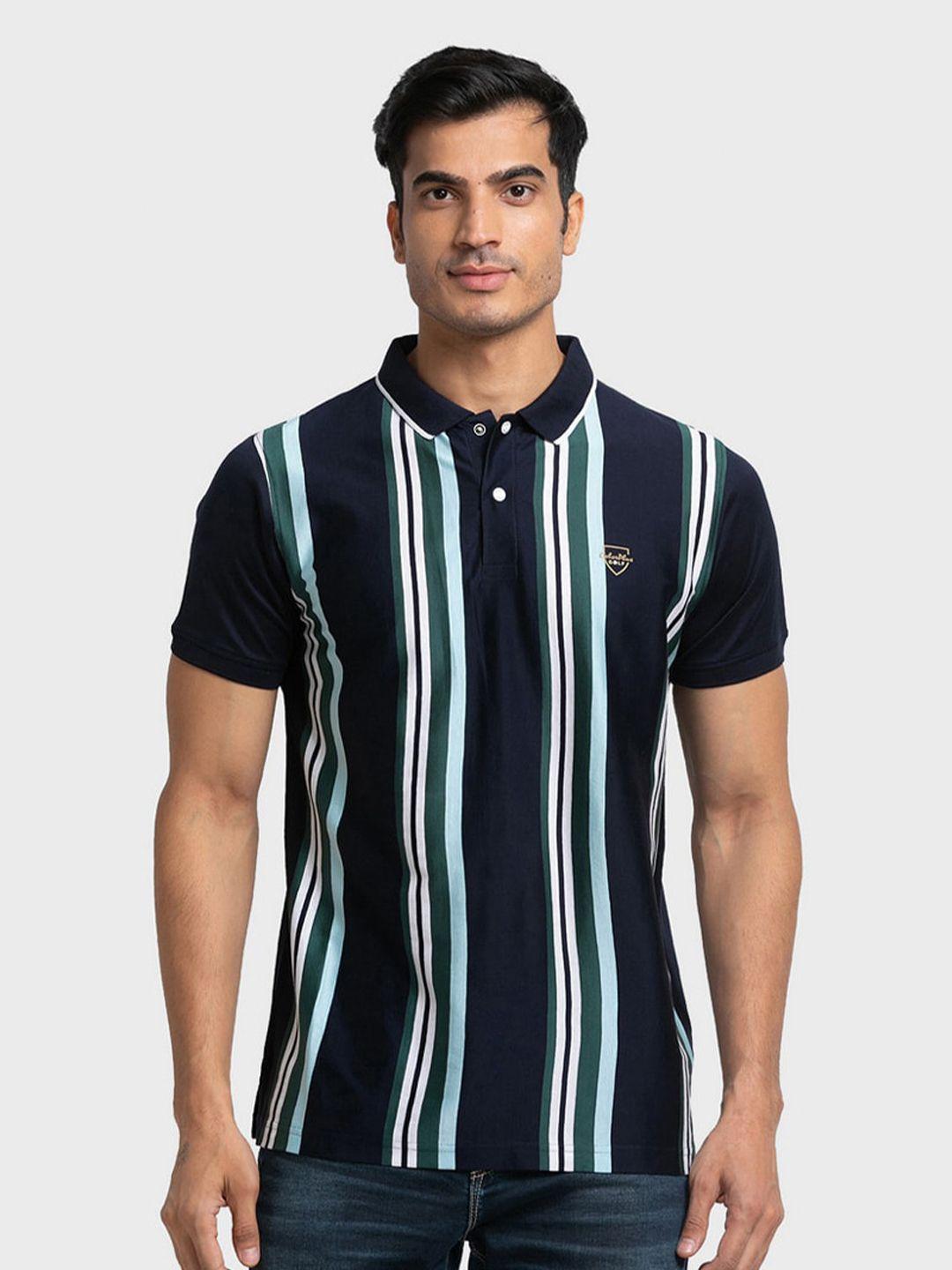 colorplus men blue striped polo collar organic cotton slim fit t-shirt