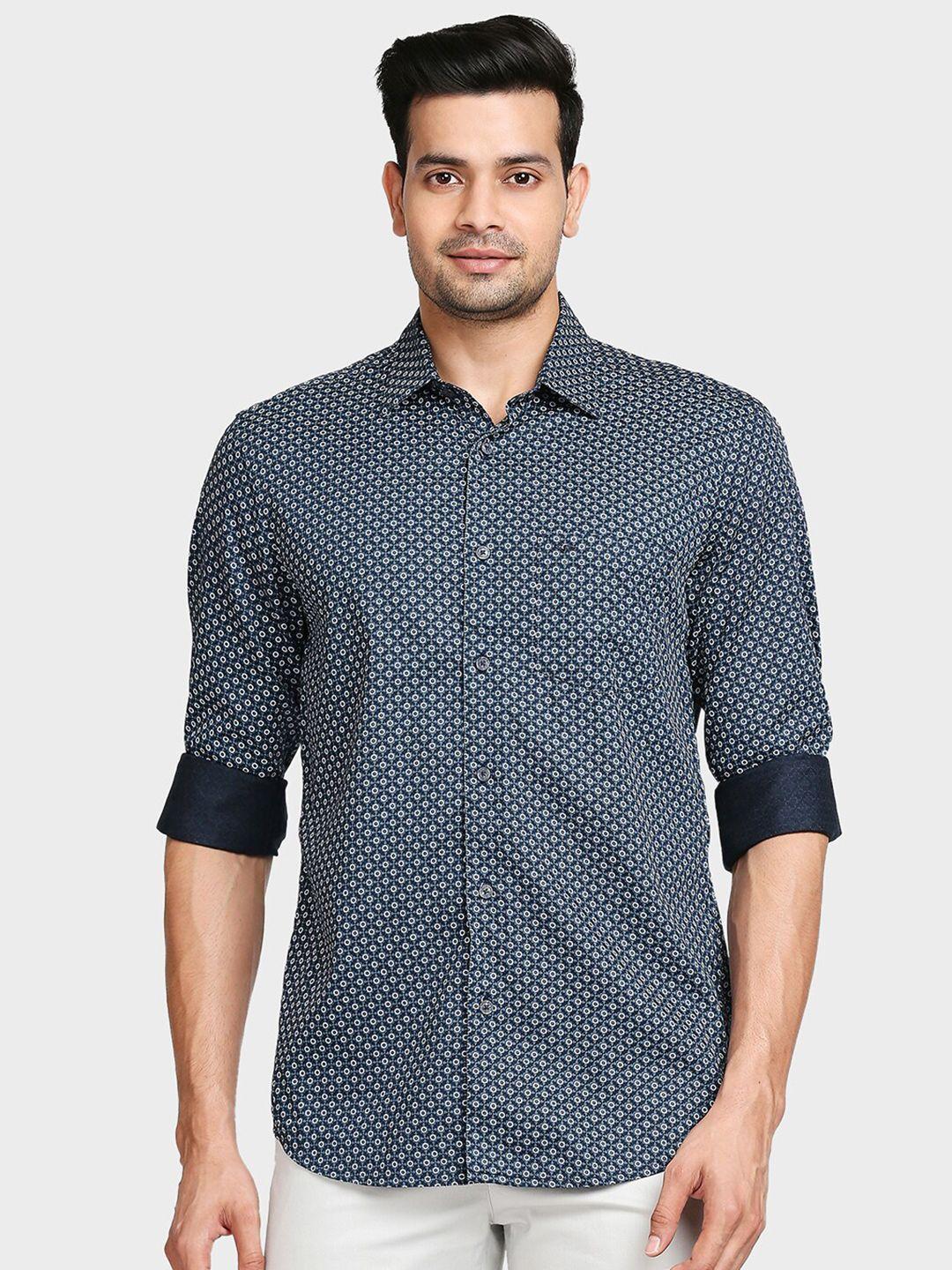 colorplus men blue tailored fit printed casual shirt