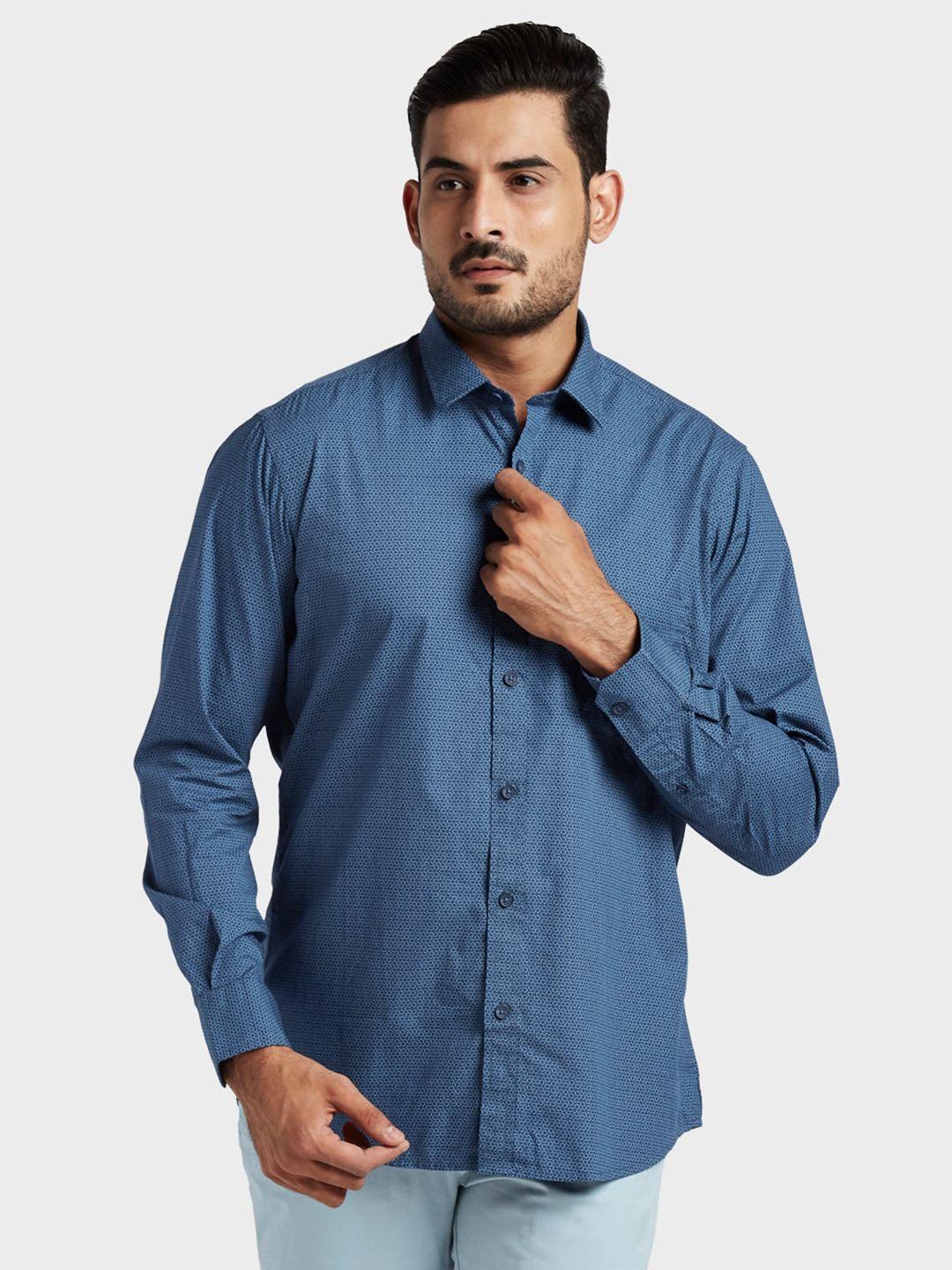 colorplus men blue tailored fit printed cotton casual shirt