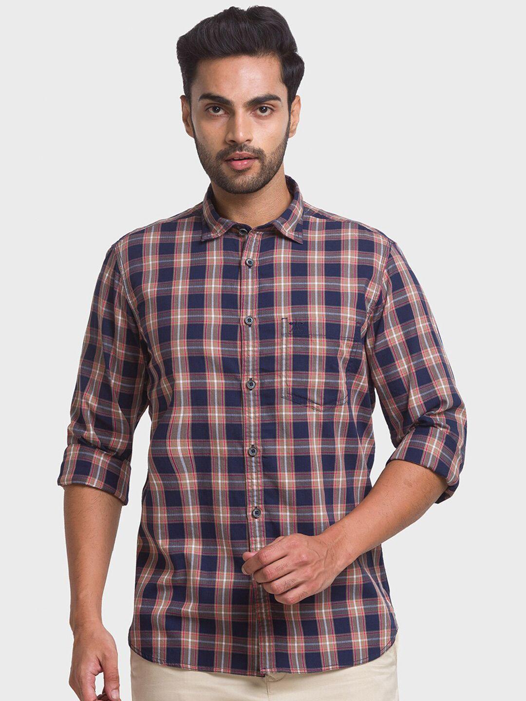 colorplus men brown & blue tailored fit checked pure cotton casual shirt
