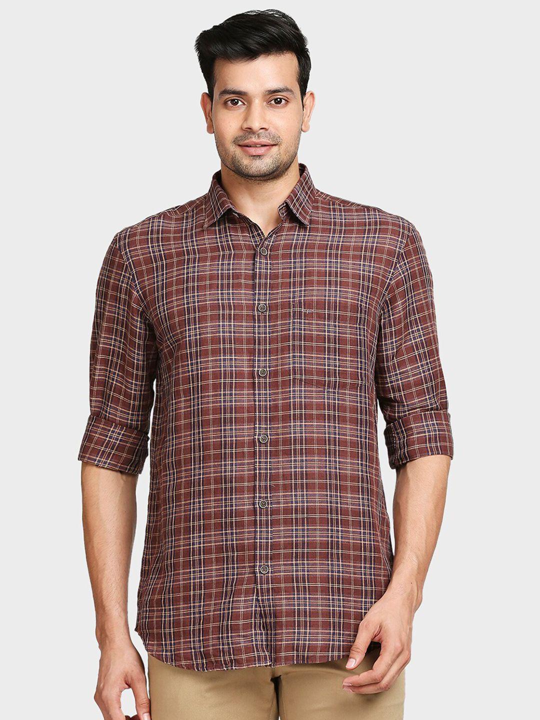 colorplus men brown tailored fit micro checks checked casual shirt