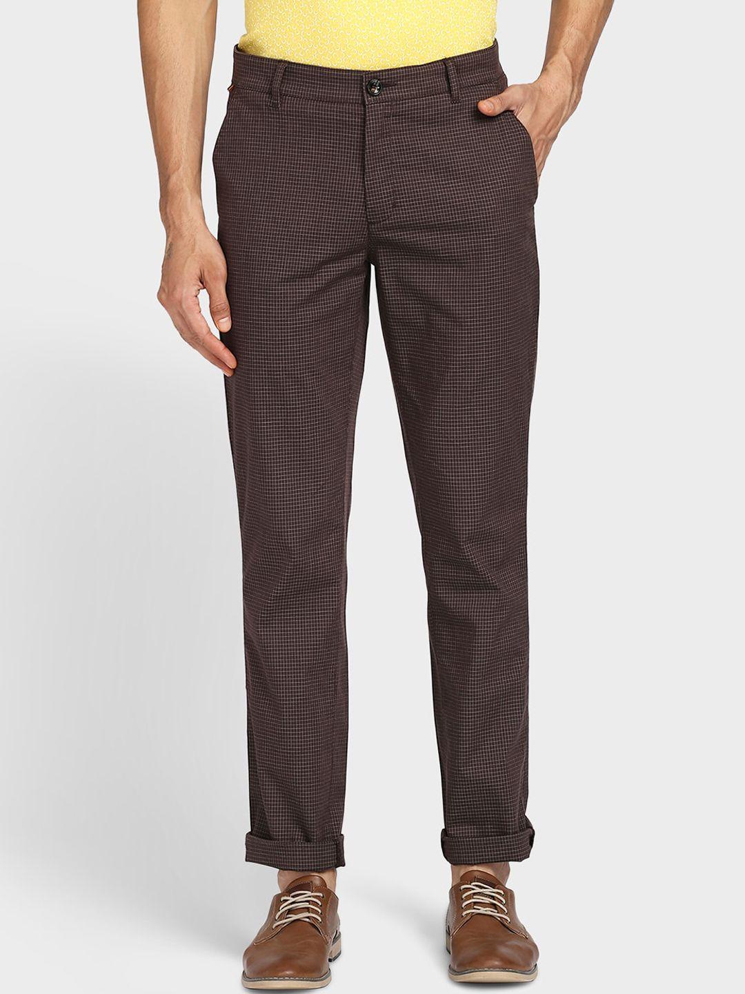 colorplus men dark brown checked trousers