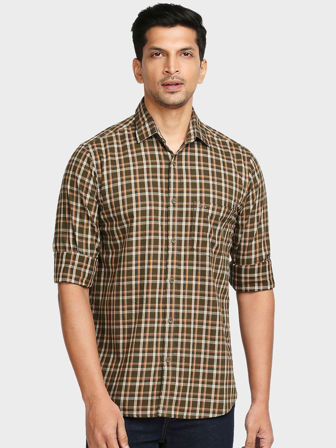 colorplus men green & orange checked tailored fit casual shirt