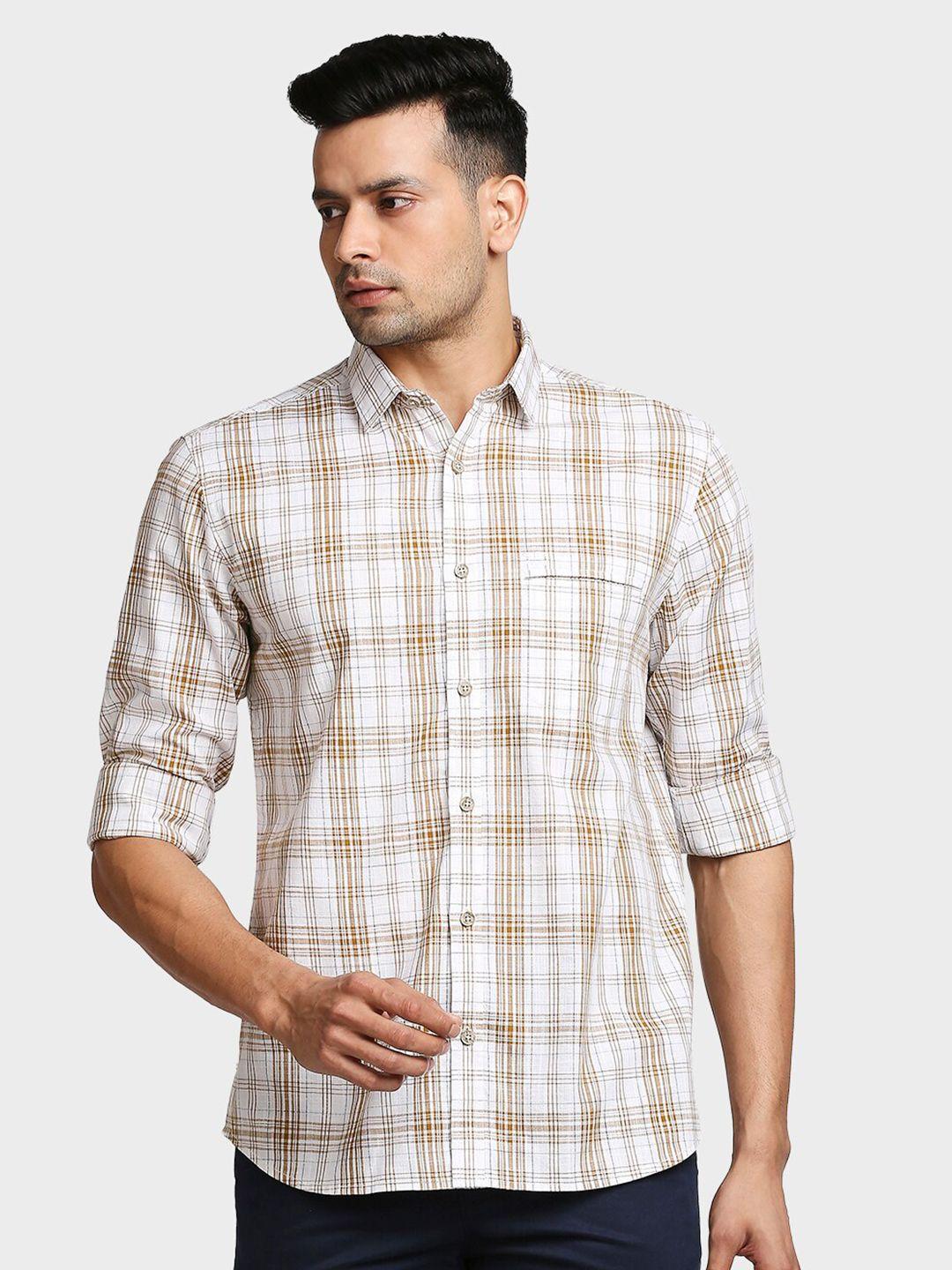 colorplus men khaki tailored fit checked cotton casual shirt